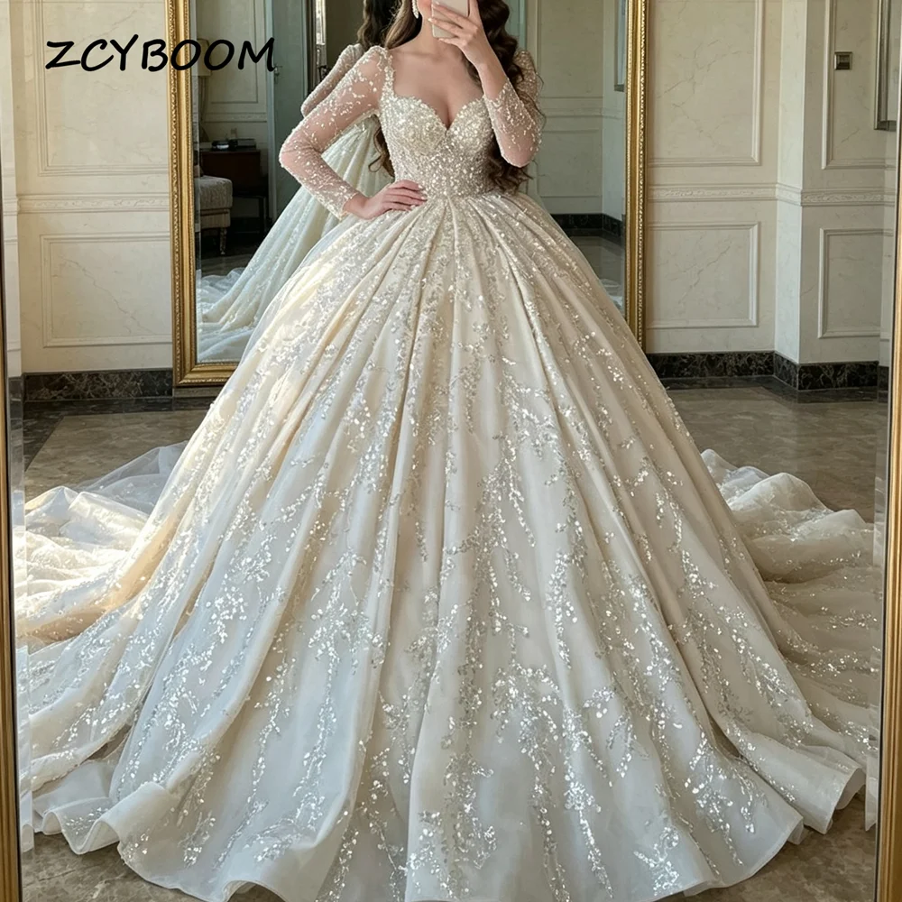 Customized Luxury 2026 A-line Sequined Bridal Gown Sweetheart Long Sleeves Wedding Dresses Sparkly Floor Length Vestido De Noiva