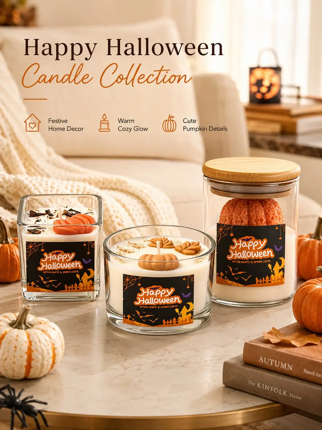 3Pcs Scented Glass Cup Candles Cute Pumpkin Design Autumn Home Decor Halloween Thanksgiving Holiday Party Gift