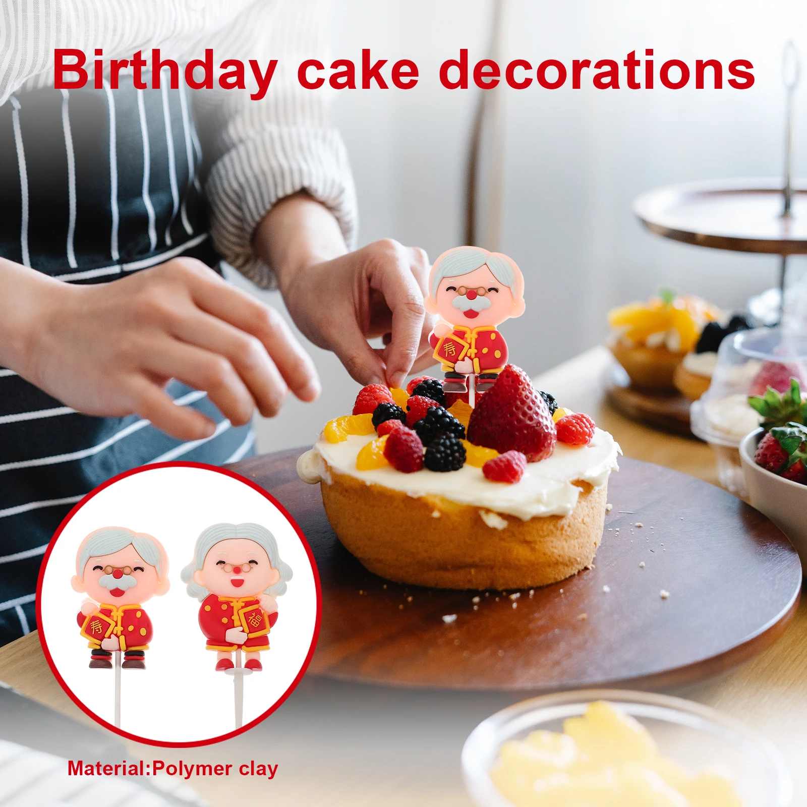 

2pcs Birthday Toppers Grandpa Grandma Shape Elders Decorations Red Polymer Clay Cake Picks For Party Celebration Chinese Style