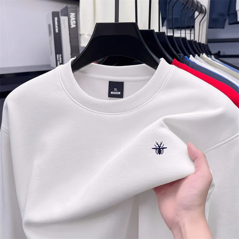 

Men's Crewneck Sweatshirt Bee Embroidery Long Sleeve Solid Color Warm Casual Autumn Winter Loose Fit Fleece Top Men's Clothing
