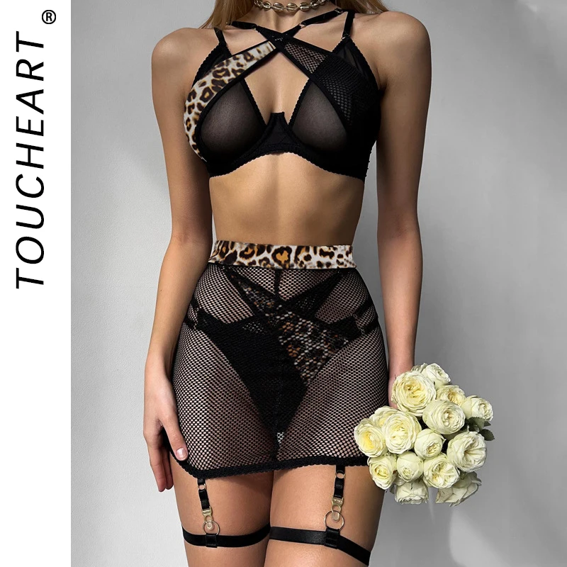 

Toucheart Sexy Lingerie Suit for Women Interesting Underwear Suspender Cross Leopard Print Splicing Halter Neck Perspective Set