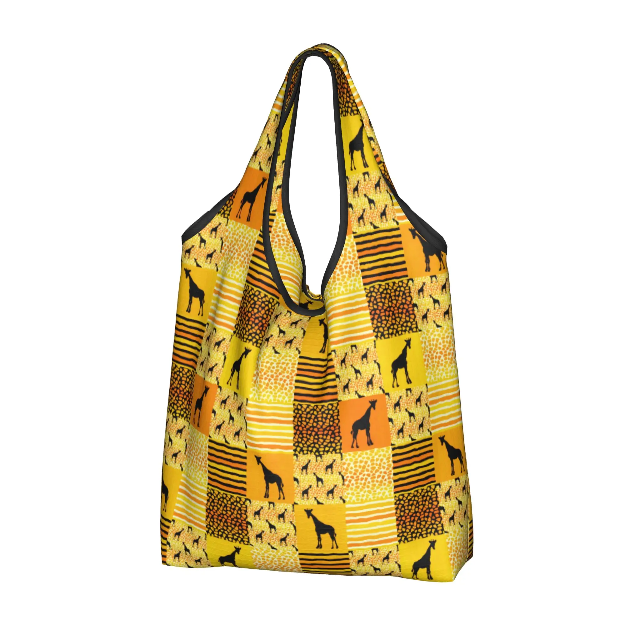 Custom Giraffe Patchwork Safari Sunset  Shopping Bag Women Portable Big Capacity Groceries African Animals  Tote Shopper Bags