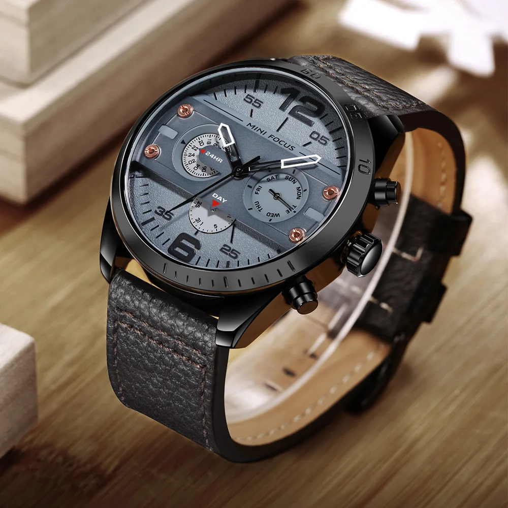 MINI FOCUS Men Quartz Watch Chronograph Leather Strap Week Date 24H Display Waterproof Sports Male Wristwatch Relogio Masculino