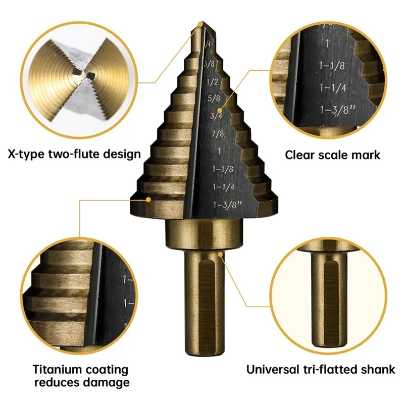 HSS 4241 Cobalt Step Drill Bit Set, Metal Drilling Hole Tools, 5Pcs Cone Drill Bits for Metal Iron Aluminum Copper Steel & Wood