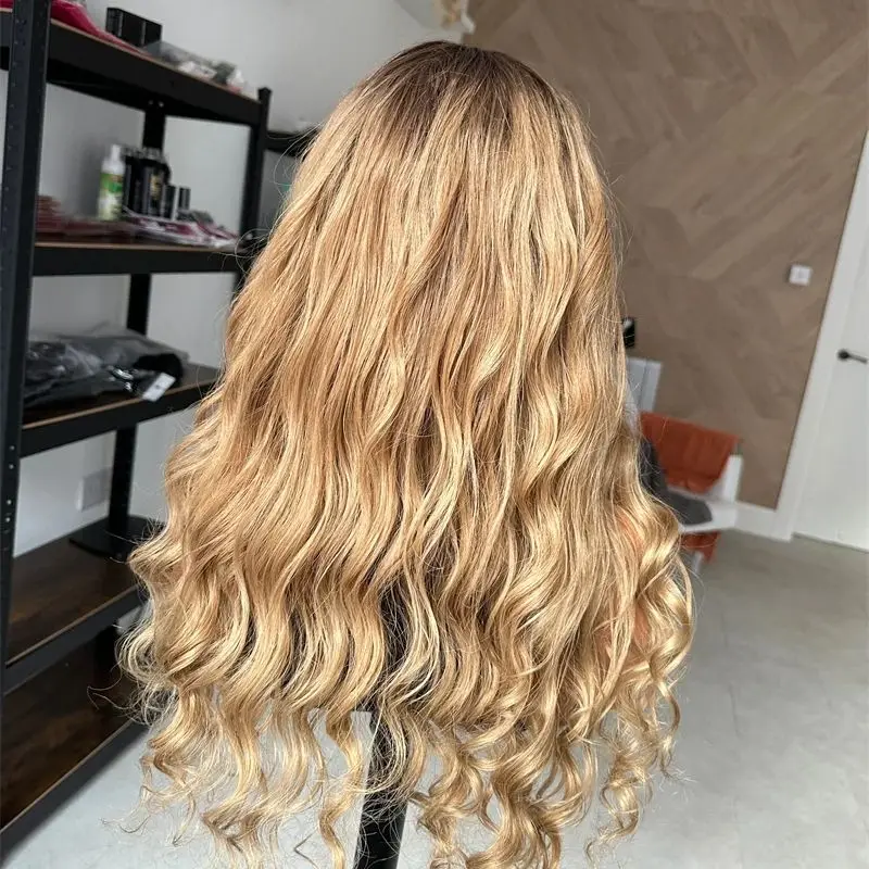High Quality Ombre Golden Blonde Brown Balayage Luxury Synthetic Lace Front Wig 150% Density Glueless Preplucked Hairline Wig