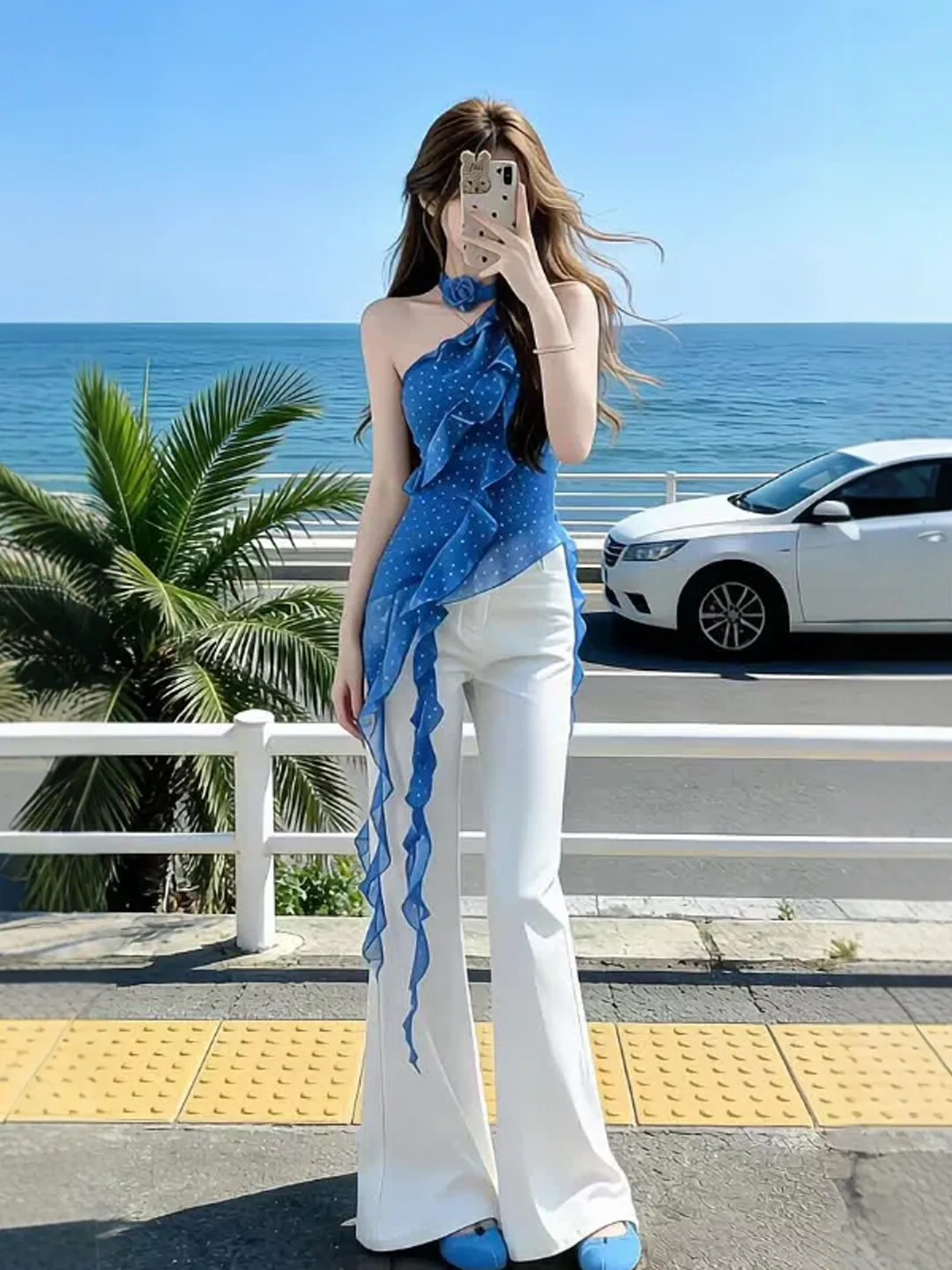 

Korean Style Unique Shoulder Slanting Two-Piece Set White Long Pants Summer Fashion Outfit Comfortable Breathable Women's Ens...