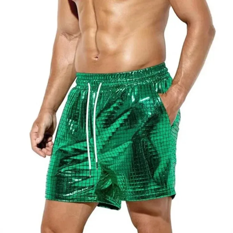 Casual Wear Multi Colors Beach Wear Short Pants Men 2026 NEW Men's Green Red Blue Colors Fashionable Shiny Leather Shorts