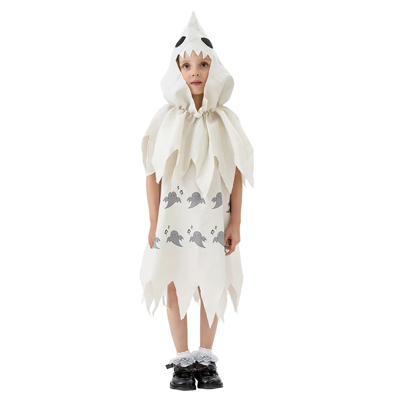 Girls Halloween Costume Sleeveless Ghost Print Dress Headgear for Themed Party Cosplay