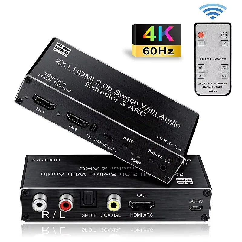 4K 2x1 HDMI2.0b Switch 2 Input 1 Output 4K@60Hz Switcher Box with ARC Remote Optical Toslink SPDIF+Coaxial+Analog RCA Audio