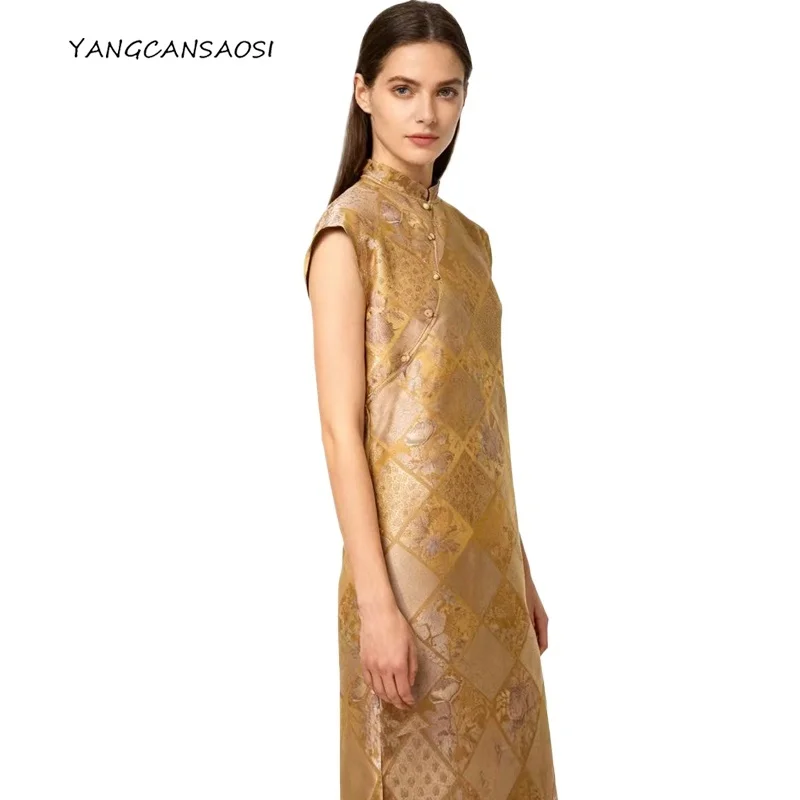 

Yellow Butterfly Loves Flower Temperament New Chinese Cheongsam 100% Natural Mulberry Silk Song Brocade Short-sleeved Dress