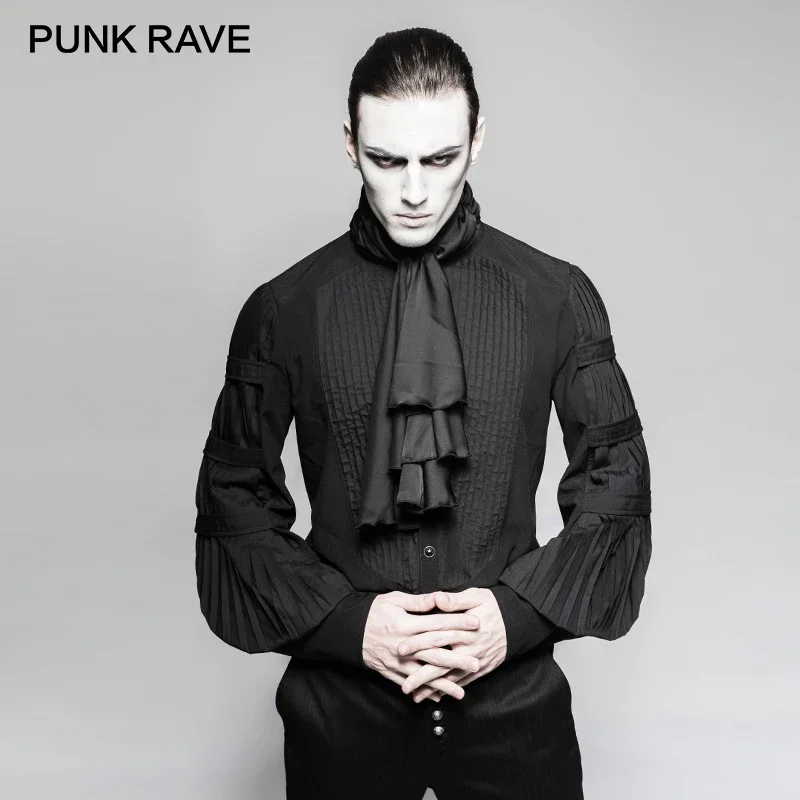 PUNK RAVE Steampunk Gentleman Necktie Shirts Gothic Black Silk Ties Big Balloon Sleeves Men Ruffle Blouses Clothing Party