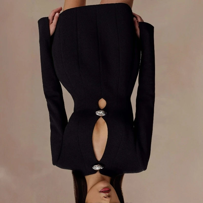 

Spring Fall Cross Border New Sexy Spicy Girl Hollow Long Sleeve Hip Hugging Short Skirt Waist Cinching Slimming Dress for Women