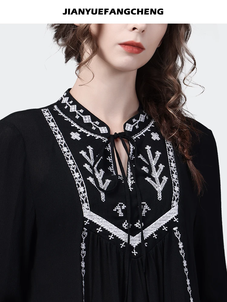 Vintage Ethnic Style Women Black Embroidered Shirt Loose Plus Size Stand Collar Flared Sleeve 2023 Spring Summer Tops Blouses