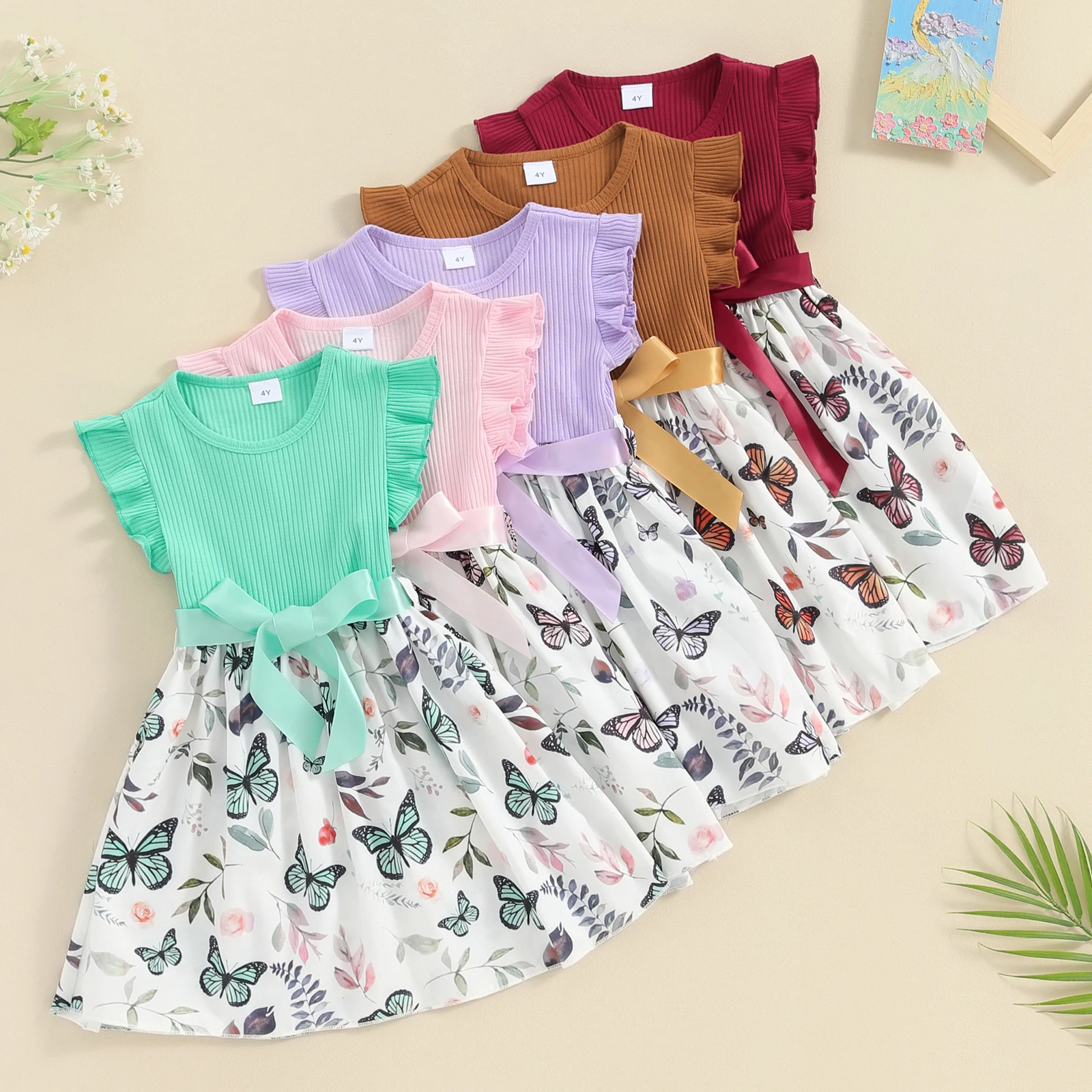 Pudcoco Little Girl 2 Piece Summer Outfits Round Neck Fly Sleeve Ribbed Butterfly Print Dress + Solid Color Belt Set 4-7T