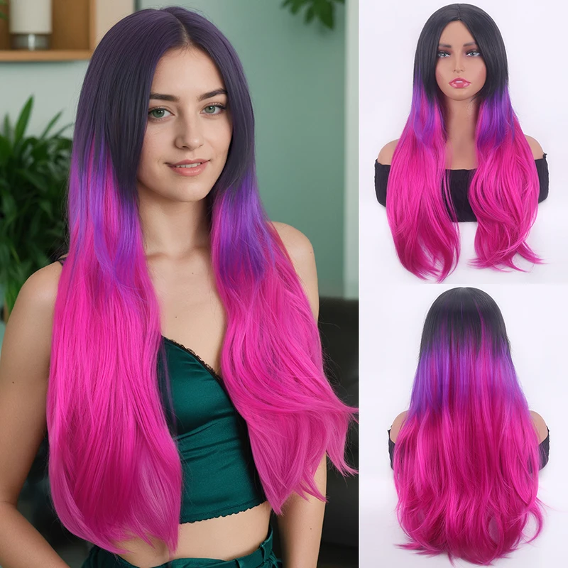 Peluca europea y americana pelucas de color degradado onda grande peluca de pelo largo y rizado diadema peluca de fibra sintética