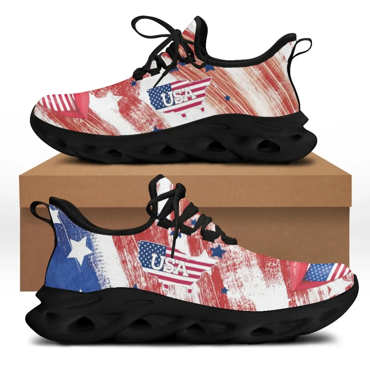 

CYWGIFT USA Flag Flat Mesh Shoe American Flag Custom Print Chunky Shoes Soft Sneakers National Design zapatillas running hombre