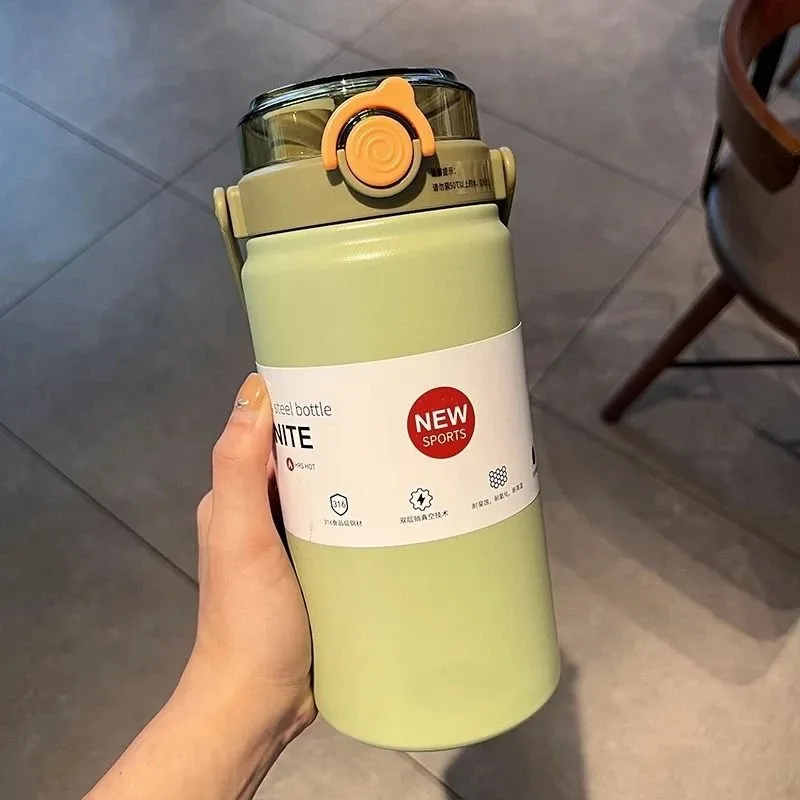 

Термос из нержавеющей стали 316, большой емкости, для женщин, с милым дизайном, горизонтальной соломенной трубкой, для мужчин