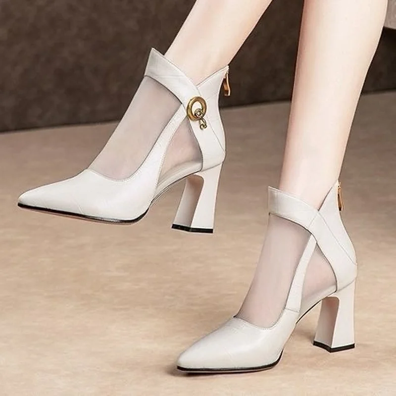 Ladies Crystal Lace Zipper Mesh High Heels 2022 New Ladies High Heels Women\'s Shoes Classic Solid Color Sandals Party Shoes