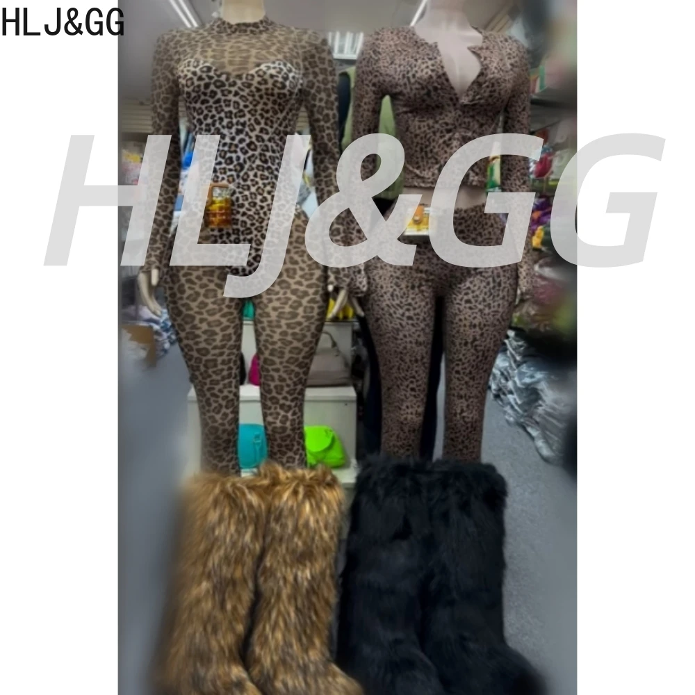 

HLJ&GG Fashion Leopard Print Skinny Pants Two Piece Sets Women V Neck Button Long Sleeve Slim Top+Pants Outfits Sexy Streetwear