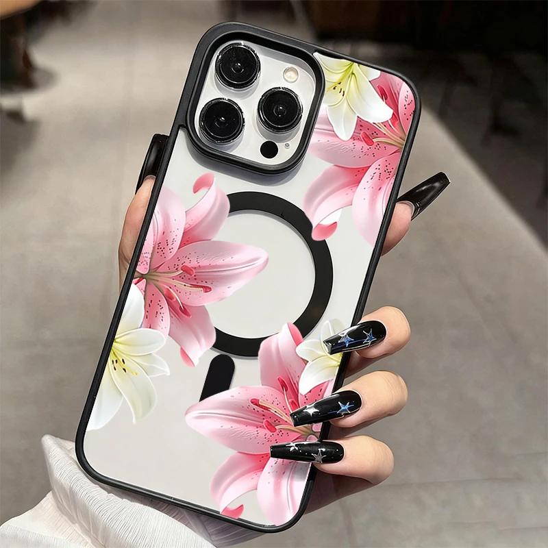 Elegant Pink White Lily Floral Magnetic Phone Case For iPhone 17 16 Plus 15 14 13 12 11 16 Pro Max  Air 17E 16E Shockproof Cover