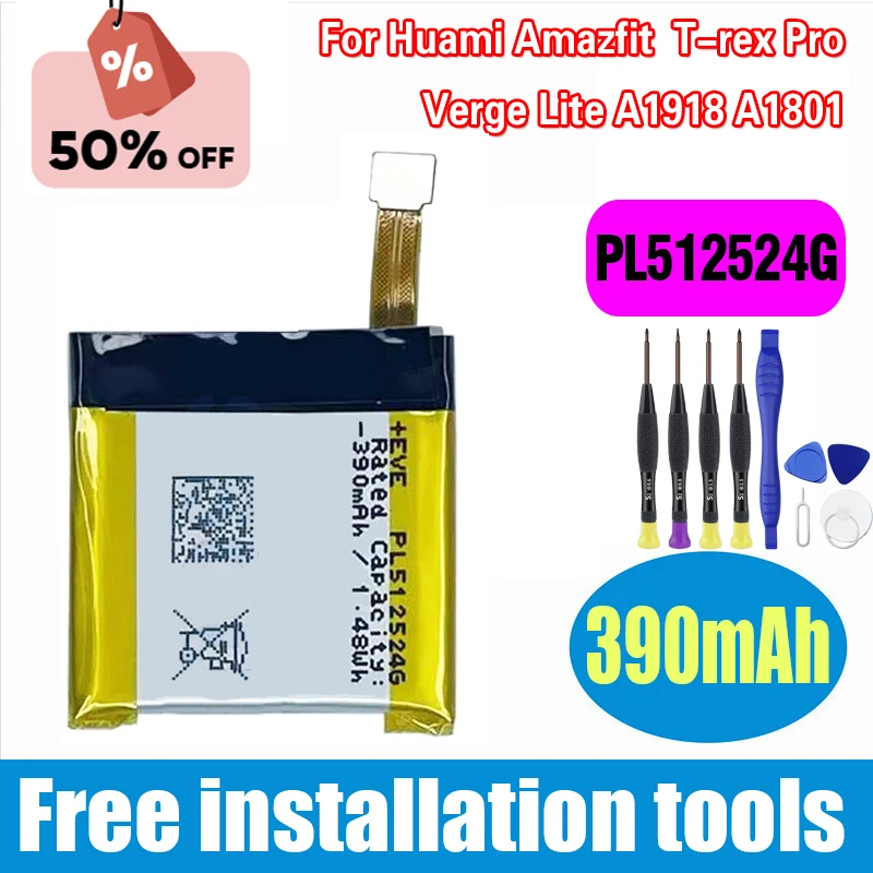 

390mAh PL512524G Battery For Huami Amazfit Tyrannosaurus T-rex Pro Verge Lite A1918 A1801 GTR A1808 Batterie