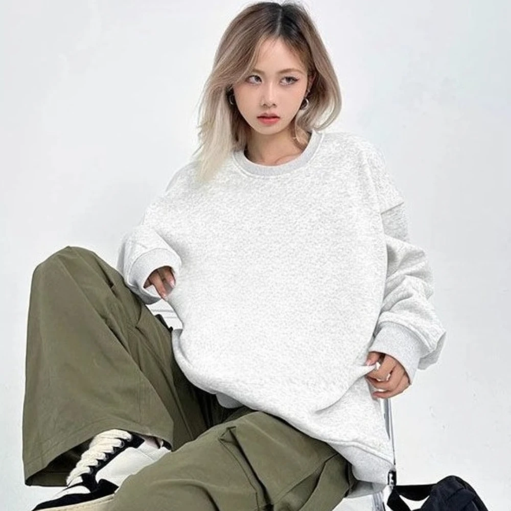 الكبار بلون القطن طويل الأكمام طاقم الرقبة سترة المرأة ربيع الخريف الأساسية أعلى للجنسين عارضة مريحة عالية الجودة أعلى