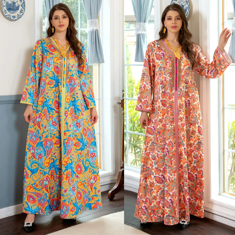 

Spring Dubai Floral Print Saudi Muslim Women Abayas Dresses Moroccan Turkey Kaftan Islamic Party Arab Casual Jalabiya Vestidos