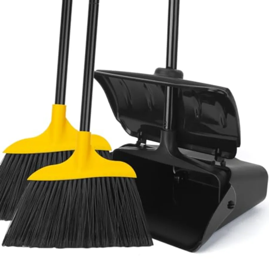 

Indoor/Outdoor Heavy Duty Broom and Dustpan SetUpright Plastic Commercial Dust Pan with 2 Brooms Perfect for Sweeping Courtyard