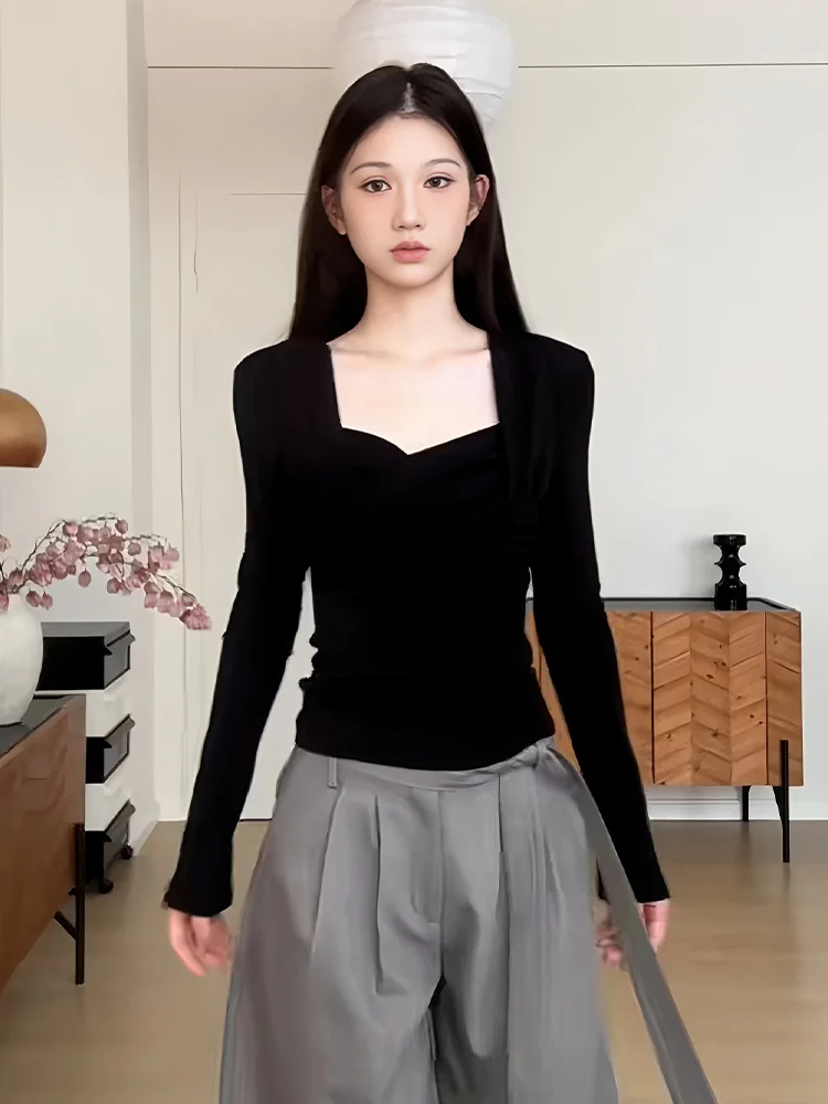 

Американская женская футболка с длинным рукавом и V-образным вырезом, осенне-зимняя, приталенная, больших размеров, базовая, для полных женщин, с широкими плечами