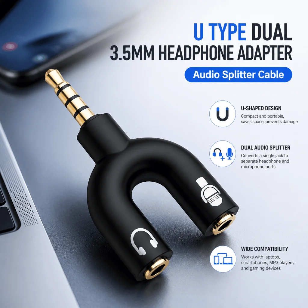 3.5mm Headphone Mic Audio Splitter U Shaped Headset Cable 4 Pole To Dual Jack For Laptop Smartphone PC Tablet Gaming