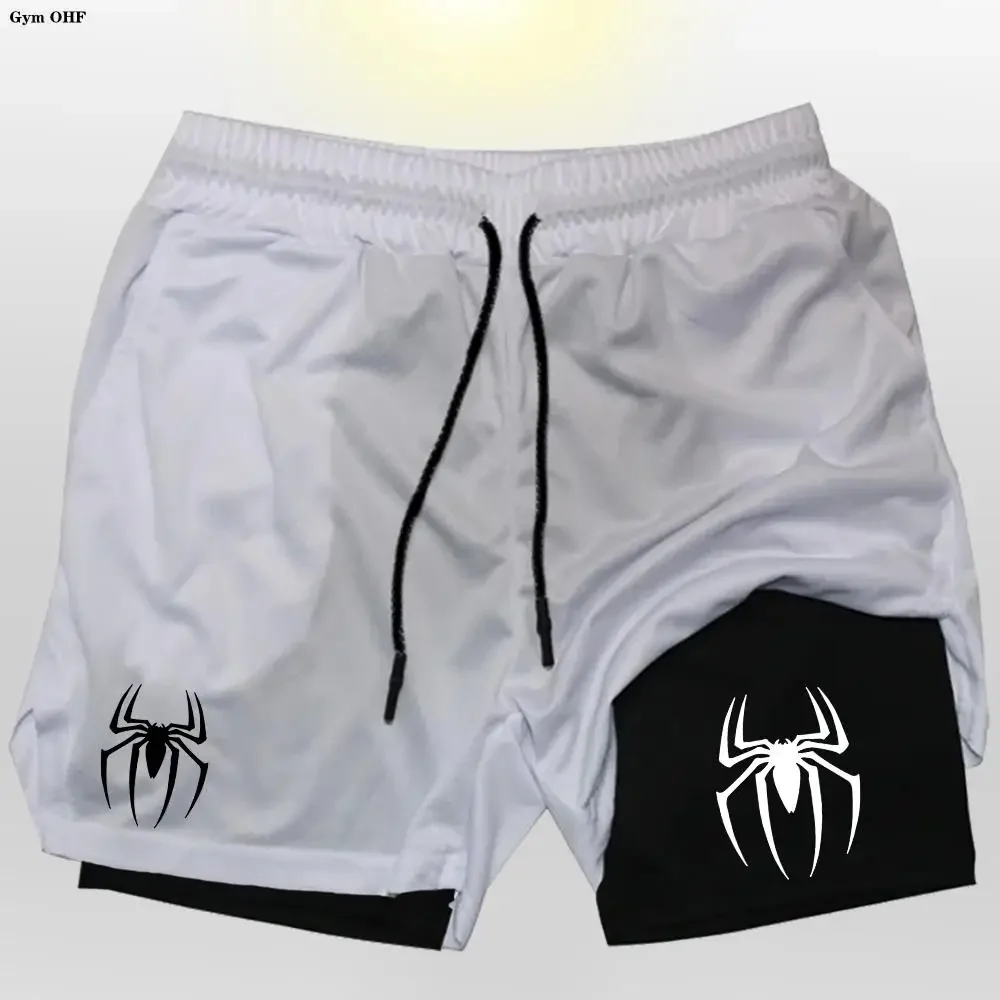 Spider Running Shorts Men Gym Sports 2 In 1 Quick Dry Workout Training Fitness Jogging Short Pants Summer