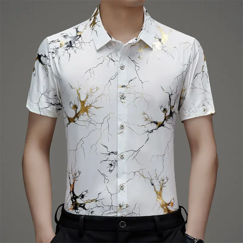 Summer Men\'s Clothing Short Sleeve Button Turn-down Collar Printing Plant&Flowers Contrast Color Cardigan Shirt Vintage Tops