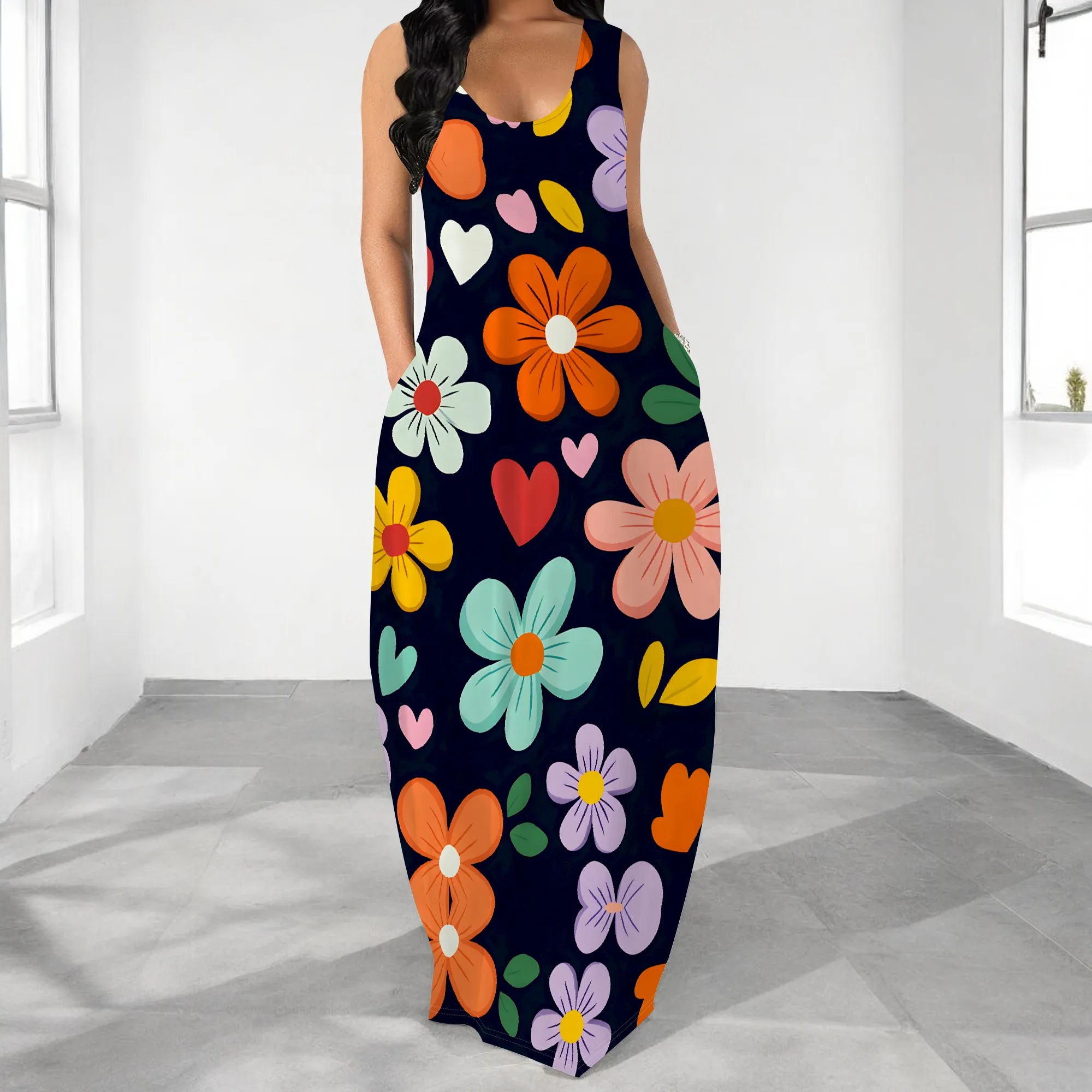 

Women's Floral Maxi Dress Boho Sleeveless O-Neck Loose Dress with Pockets for Casual Holiday Beach Wear S-3XL