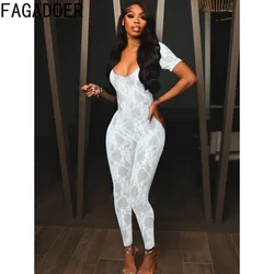 FAGADOER-macacões bodycon com perspectiva de renda sexy para mulheres, gola V profunda, sem encosto, manga longa, macacões finos, macacão oco, moda