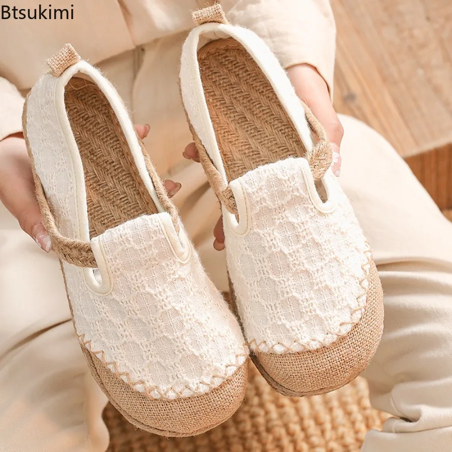Nuevos Mocasines Casuales Planos para Mujer, Cómodos y Transpirables, Zapatos para Caminar Diarios, Zapatos de Lona de Algodón Retro para Mujer, Zapatos de Esparto