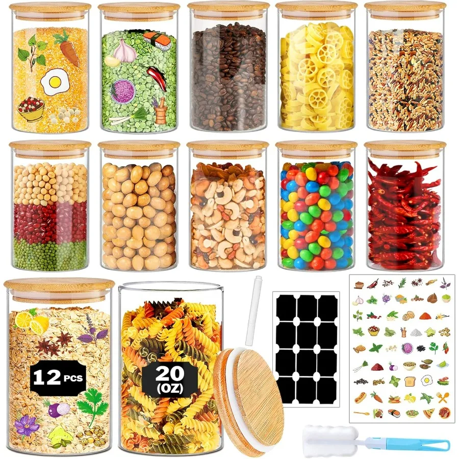 

Glass Jars with Bamboo Lids 20 oz 12 Pcs Stackable Kitchen Glass Pantry Storage Containers with Airtight Bamboo Lids for Rice C