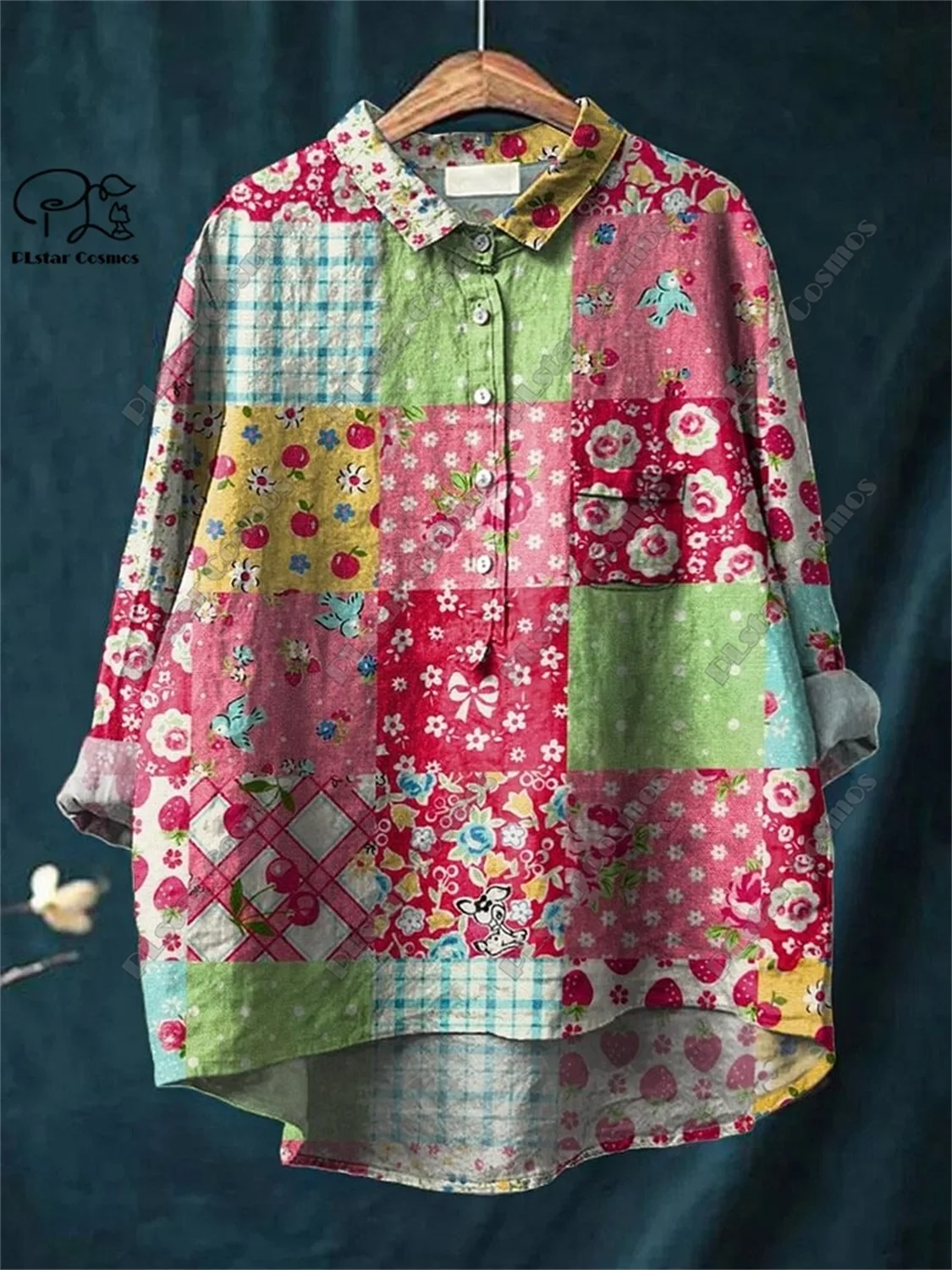 PLstar Cosmos new 3D printed women's loose retro floral fun casual printed open tube shirt  K-3