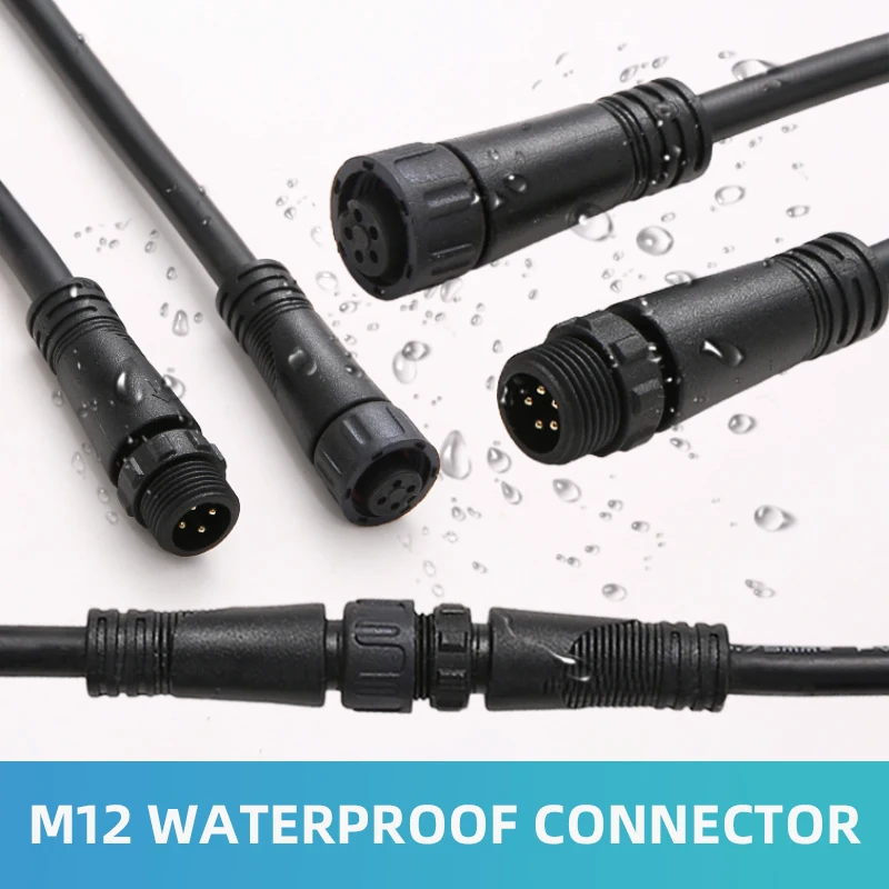 M12 Male Female Docking Connector Outdoor Waterproof IP67 2 3 4Pin Aviation Plug Socket for Automotive Industrial LED Power Cord