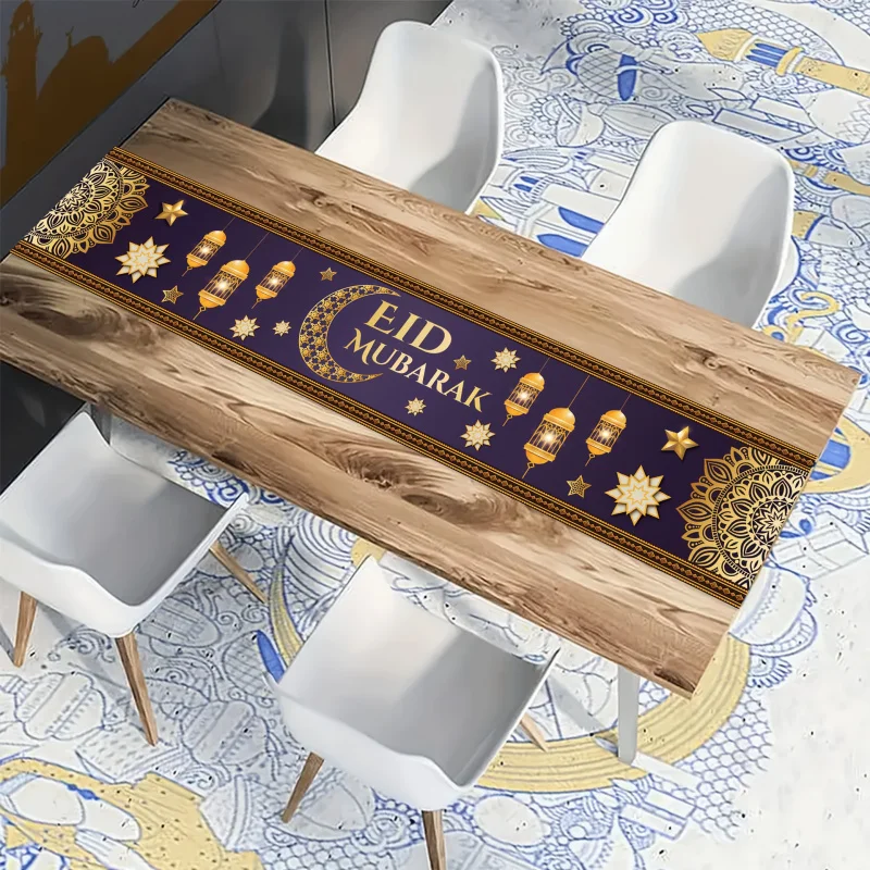 VIKAMA Purple Gold Hot Stamping Eid Mubarak Eid al Fitr Table Runner Muslim Festival Table Decoration Cloth