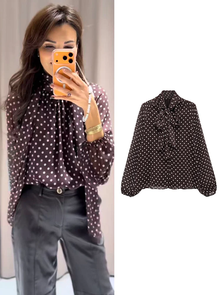 Chemisier Vintage imprimé à pois pour femmes, hauts décontractés, mode nœud élégant, ample, manches longues, chemises de transport pour dames, nouvelle collection