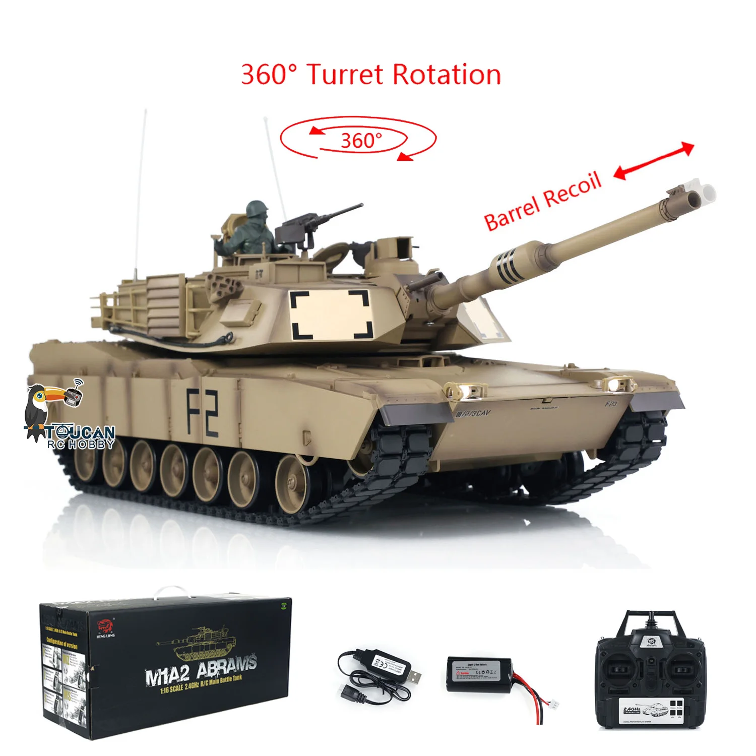 Heng 롱 1/16 M1A2 에이브럼스 RC 탱크, 3918 W, 360° 회전 터렛 및 리코일 기능 TH17791-SMT4