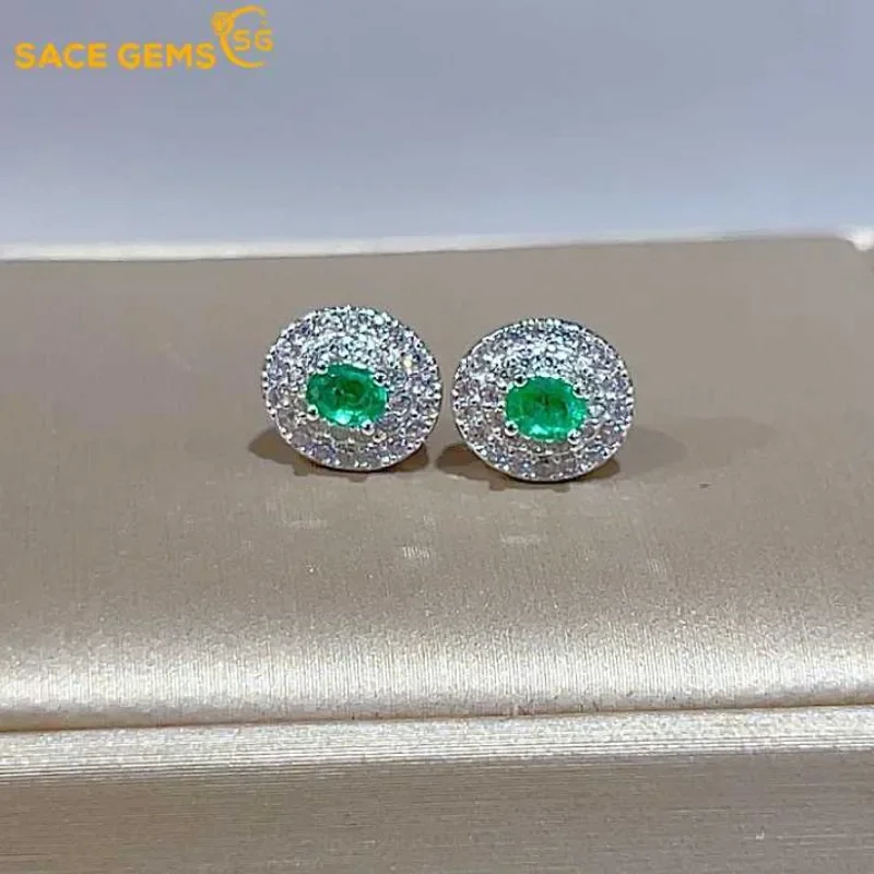 

SACE GEMS Fashion Jewelry Earrings for Women 925 Sterling Silver 3*4MM Natual Emerald Stud Earrings Wedding Party Fine Jewelry