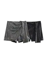 Women's Knotted Sequin Shorts Skirts, High Waist, Side Zipper, Female Skort,Fashion