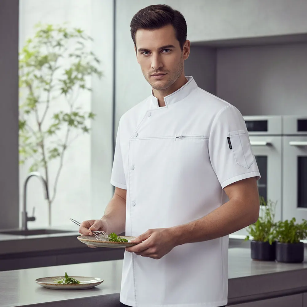 

Легкая дышащая униформа шеф-повара и официанта из 100% полиэстера — летние комбинезоны с короткими рукавами и карманами