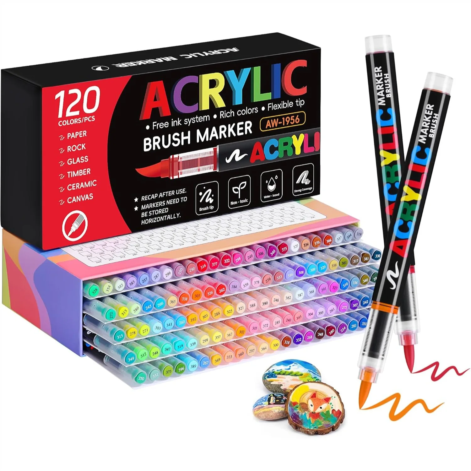 

120 Colors Acrylic Paint Markers, Water-Based Brush Tip Pens for Rock, Canvas, Wood, Ceramic, Glass - No Bleed, Quick-Dry Art