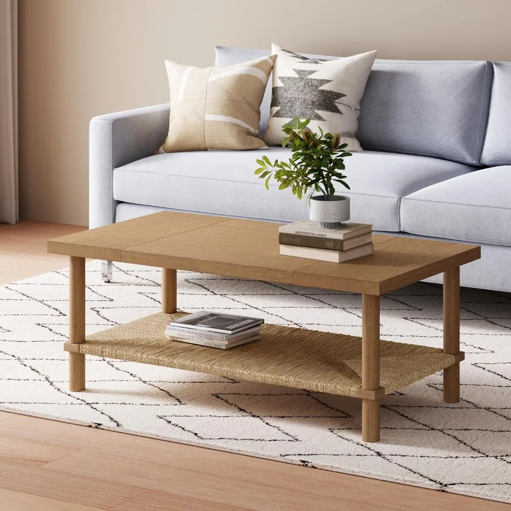 

Mid-Century Modern 2-Tier Storage Cocktail Coffee Table with Shelf for Living Room, Light Brown/Seagrass