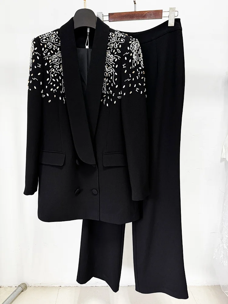 HIGH STREET-traje de diseñador para mujer, traje de diseñador con cuentas de diamantes, cuello tipo chal, chaqueta con doble botonadura, conjunto de pantalones, 2 piezas, novedad de 2025