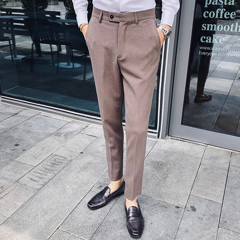 Boutique Fashion Solid Color Mens White Business Casual Suit Pants Male Slim Casual Trousers Wedding Dress Suit Pants