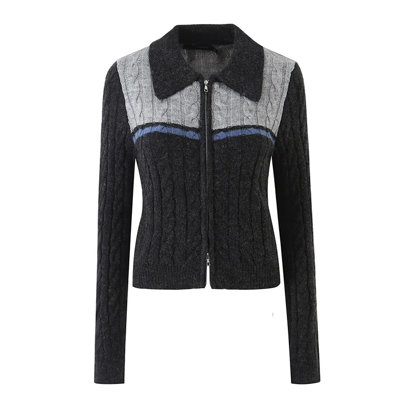 YENKYE Autumn Women Color Block Cable Zip‑Up Knit Cardigan Lapel Collar Long Sleeve Cropped Slim Fit Outerwear