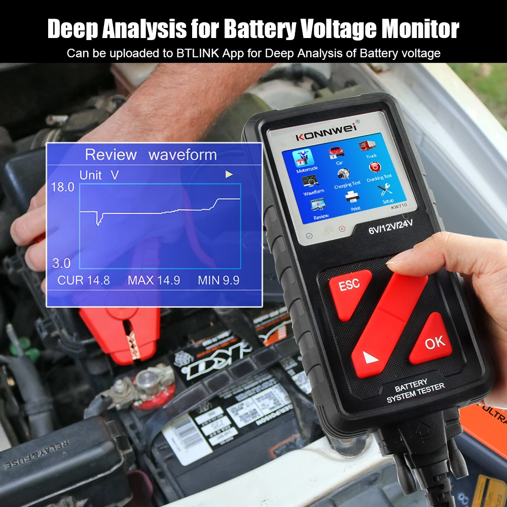 KONNWEI KW710 Motorcycle Car Truck Battery Tester KW 710 Battery Analyser 6V 12V 24V Car Cranking and Charging System Diagnosis